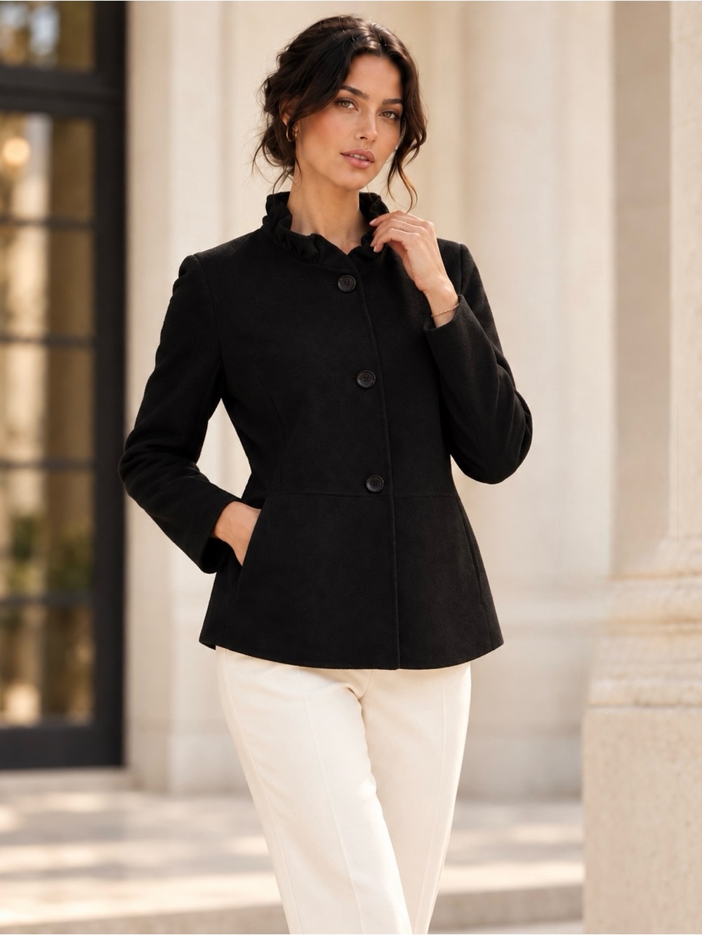 Talbots Black Wool Blend Ruffle Neck Tailored Button Front Jacket Women’s Size 8